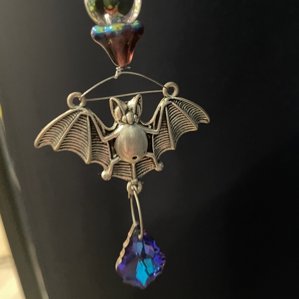 Silver Bat Pendant with Purple Crystal